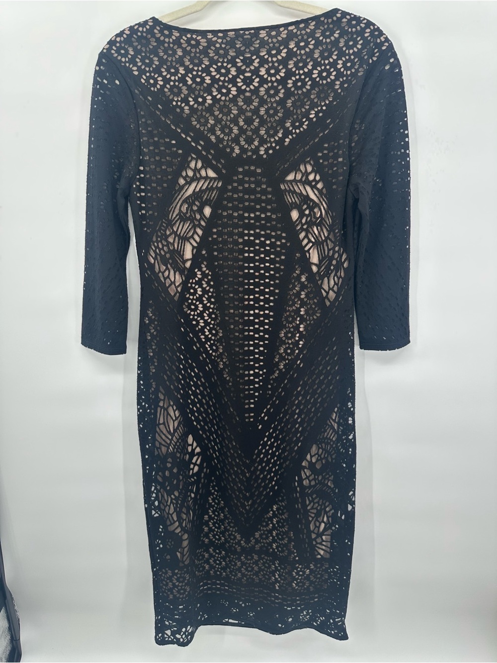 Carmen Marc Valvo Black Lace Sheath Dress Medium Nude Lined Midi Cocktail 1240 - Picture 4 of 10